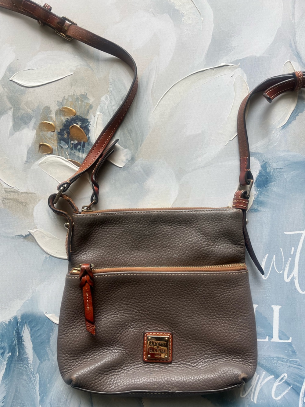 Dooney & Bourke Gray Pebbled Leather Crossbody Bag with Brown Trim